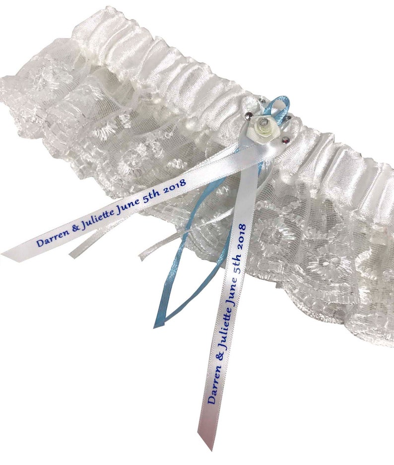 Wedding Bridal Garter with Personalised ribbon, Satin & Lace can be Customised for Something Blue, or a Keepsake Lingerie gift, image 2