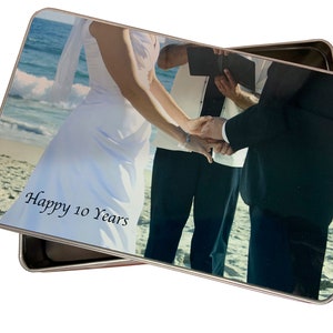 Personalised photograph TIN for 10th Wedding Anniversary, gift for pets and treats, Grandparents, First Christmas etc