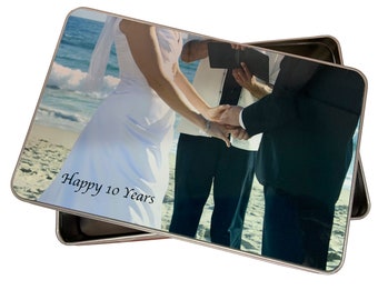 Personalised photograph TIN for 10th Wedding Anniversary, gift for pets and treats, Grandparents, First Christmas etc