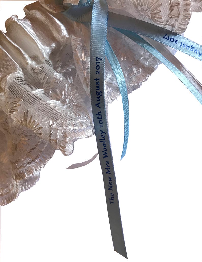 Wedding Bridal Garter with Personalised ribbon, Satin & Lace can be Customised for Something Blue, or a Keepsake Lingerie gift, image 4