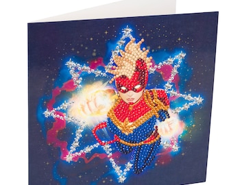 Crystal Art Captain Marvel D.I.Y greeting Card or picture kit, by Craft Buddy Personalised free if giving as a gift