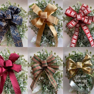 Christmas Ribbon Bows Wire Edge, 6 different hand made designs gold, blue with bells, green gold tartan, burgundy with trim, snow flake etc