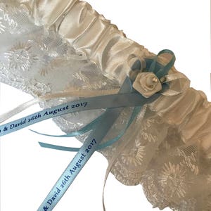 Wedding Bridal Garter with Personalised ribbon, Satin & Lace can be Customised for Something Blue, or a Keepsake Lingerie gift, image 3