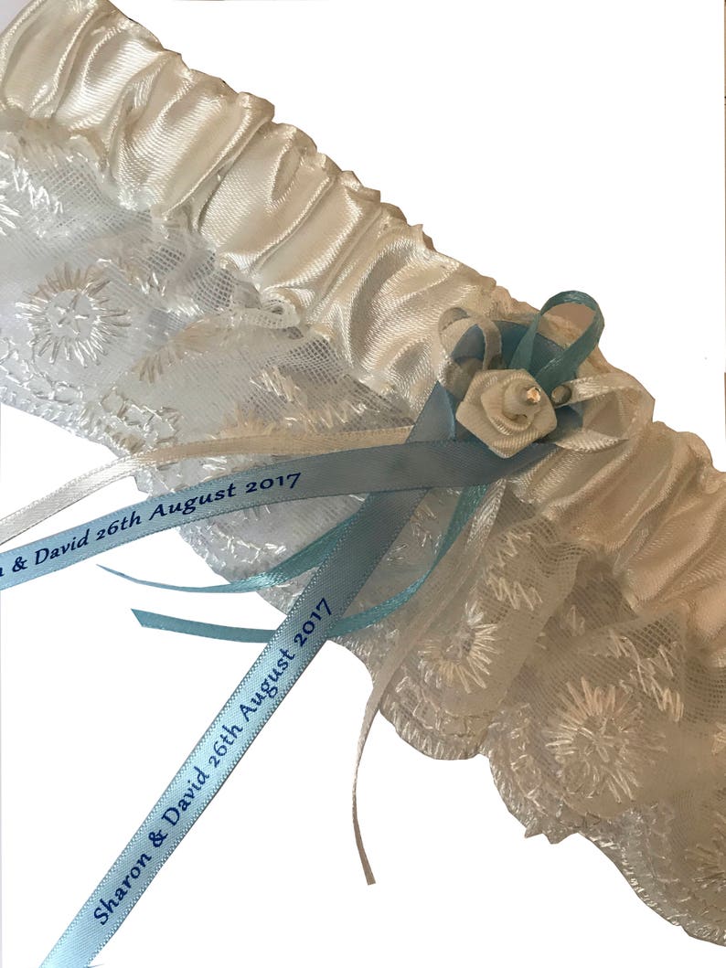 Wedding Bridal Garter with Personalised ribbon, Satin & Lace can be Customised for Something Blue, or a Keepsake Lingerie gift, image 3