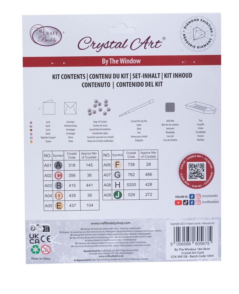 Puede incluir: Empaque del kit Crystal Art, con el logotipo de la marca y detalles del producto. El kit incluye cristales, un l&aacute;piz y una bandeja. El empaque enumera el contenido del kit en varios idiomas e incluye un c&oacute;digo QR.