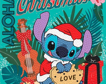 Disney Stitch Christmas Aloha Crystal Art DIY greeting Card or picture kit by Craft Buddy, Personalised free if giving as a gift