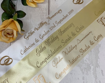 Personalised WEDDING ANNIVERSARY ribbon customised for Silver, Ruby, Pearl Golden, Diamond or Sapphire anniversaries 45mm width