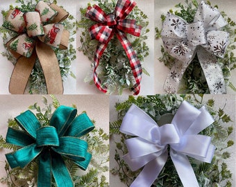 Christmas Ribbon Bows Wire Edge,  5 designs, hand made, hessian with trees & car, plain white, snow flake, red check and turquoise gold trim