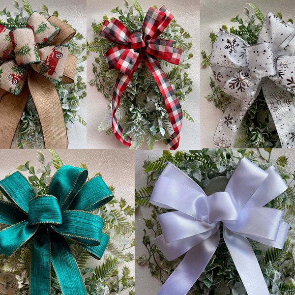 Christmas Ribbon Bows Wire Edge,  5 designs, hand made, hessian with trees & car, plain white, snow flake, red check and turquoise gold trim