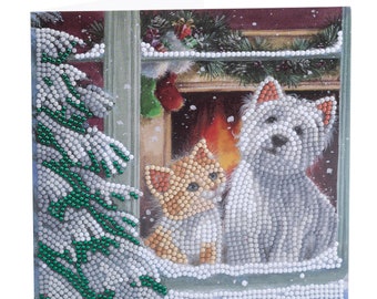 Craft Buddy Crystal Art By the Window, Christmas DIY greeting card or picture kit, featuring a cat and dog