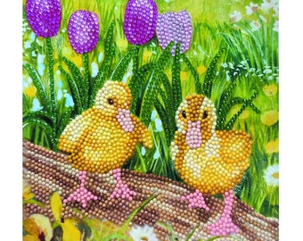 Crystal Art Spring Chicks D.I.Y greeting Card or picture kit, by Craft Buddy Personalised free if giving as a gift