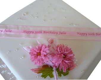 Personalised ORGANZA Ribbon for 18th, 21st, 30th, 40th, 50th, 60th, 70th, 80th, 90th 100th birthday, cake gift wrap, decoration, Hampers etc