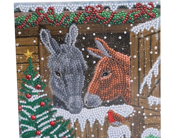 Craft Buddy Crystal Art WINTER DONKEYS DIY Christmas greeting card or picture kit, like 5 D diamond painting, this kit can be personalised