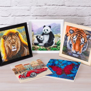 Puede incluir: Una colecci&oacute;n de obras de arte enmarcadas con dise&ntilde;os de cuentas. La obra de arte incluye un le&oacute;n, un panda con su cachorro, un tigre, un coche rojo vintage y una mariposa roja. Los marcos var&iacute;an en color y estilo.