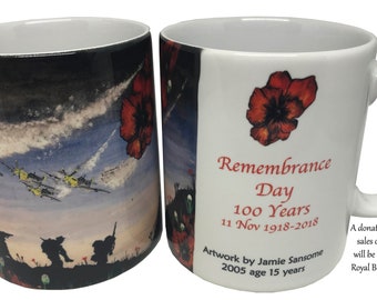 100 Years of Remembrance Mug with original artwork, a donation from sales with be given to the Royal British Legion, Ceramic Remembrance Day