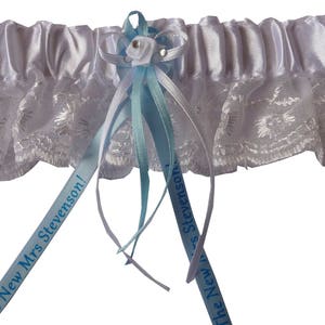 Wedding Bridal Garter with Personalised ribbon, Satin & Lace can be Customised for Something Blue, or a Keepsake Lingerie gift, image 6