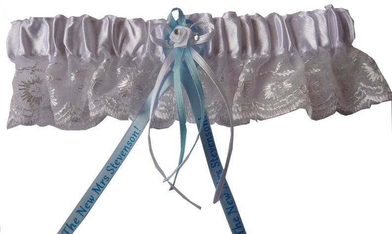 Wedding Bridal Garter with Personalised ribbon, Satin & Lace can be Customised for Something Blue, or a Keepsake Lingerie gift, image 6