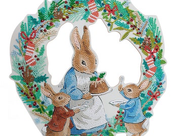 Peter's Pudding Christmas WREATH D.I.Y crystal art, ready to hang, by Craft Buddy 30cm Peter Rabbit