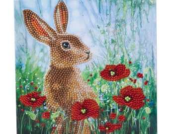 Crystal Art Wild Poppies and the Hare D.I.Y greeting Card or picture kit, by Craft Buddy Personalised free if giving as a gift