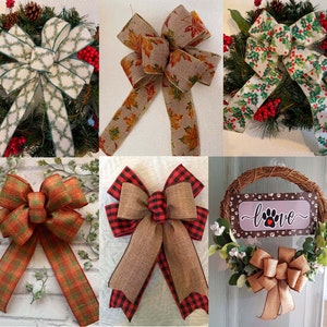 Christmas Ribbon Bows, wire edge, 6 different hand made designs, plain hessian, holly & berry, pine, orange green check, leaves, etc