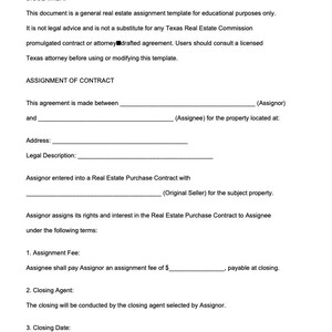 May include: A white document titled "Texas Assignment of Contract Template" with a sample preview. The document includes sections for disclaimer, assignment of contract, address, legal description, assignment fee, closing agent, and closing date.