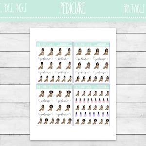 May include: Printable planner stickers featuring a woman getting a pedicure with the text "pedicure" and nail polish bottles.