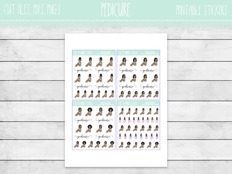 May include: Printable planner stickers featuring a woman getting a pedicure with the text "pedicure" and nail polish bottles.