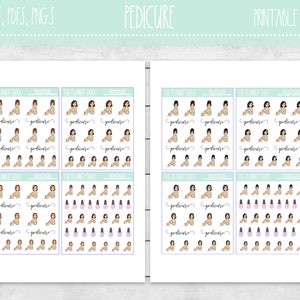 May include: Printable sticker sheet with illustrations of a woman getting a pedicure. The sheet includes multiple stickers of the woman getting a pedicure, as well as nail polish bottles in various colors. The text "THE PLANNER STICK" is printed on the sheet.