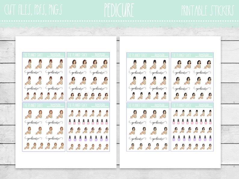 May include: Printable sticker sheet with illustrations of a woman getting a pedicure. The sheet includes multiple stickers of the woman getting a pedicure, as well as nail polish bottles in various colors. The text "THE PLANNER STICK" is printed on the sheet.