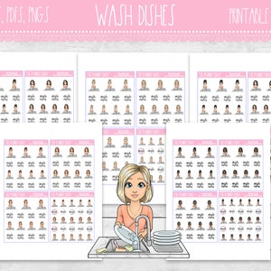 May include: Printable stickers featuring a woman washing dishes. The stickers are designed in a cartoon style and feature various facial expressions and hairstyles. The text "WASH DISHES" is at the top of the image.