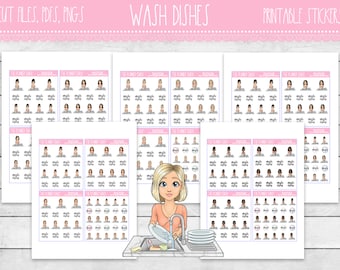 Planificateur de vaisselle autocollants imprimables | Plats | Laver la vaisselle Mode Filles | Stickers agenda imprimables | Stickers imprimables | Fonctionnel