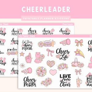 May include: Pink and white printable planner stickers with a cheerleader theme. The stickers include text like "Cheer Life" and "Cheer Mom", along with images of megaphones, bows, and pom-poms. The words "CHEERLEADER" and "PRINTABLE PLANNER STICKERS" are at the top.