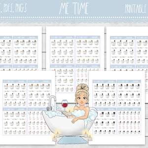 May include: Printable sticker sheets featuring a woman taking a bath with candles and a glass of wine. The sheets include various illustrations of a woman in a bathtub with different skin tones and hair colors. The text "ME TIME" is at the top of the image.
