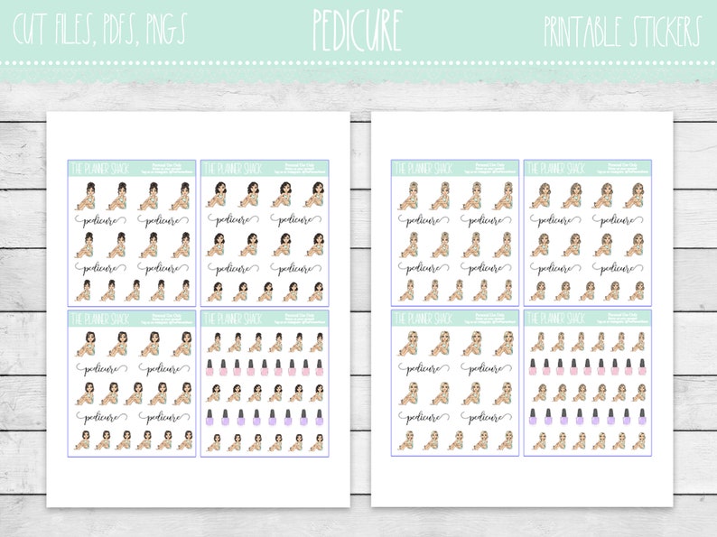 May include: Printable stickers featuring a cartoon illustration of a woman getting a pedicure. The stickers are designed for use in a planner and include the text "pedicure".