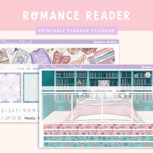 May include: Printable planner stickers with a romantic theme. The stickers feature a bookshelf, a bedroom, a floral pattern, and the text "Romance Reader".