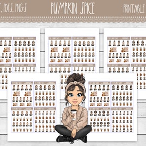 May include: A set of printable planner stickers featuring a cartoon woman with brown hair and a beige sweater holding a cup of coffee. The stickers feature fall-themed designs, including pumpkins, leaves, and coffee cups. The text "Pumpkin Spice" is visible at the top of the image.