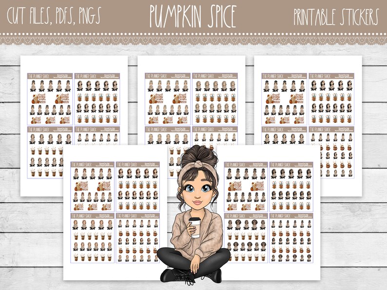 May include: A set of printable planner stickers featuring a cartoon woman with brown hair and a beige sweater holding a cup of coffee. The stickers feature fall-themed designs, including pumpkins, leaves, and coffee cups. The text "Pumpkin Spice" is visible at the top of the image.