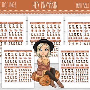 May include: Printable planner stickers featuring a cartoon girl wearing a brown hat and a brown jacket sitting on a pumpkin. The stickers are in a variety of fall-themed designs, including pumpkins, coffee cups, and leaves. The text "Hey Pumpkin" is at the top of the image.