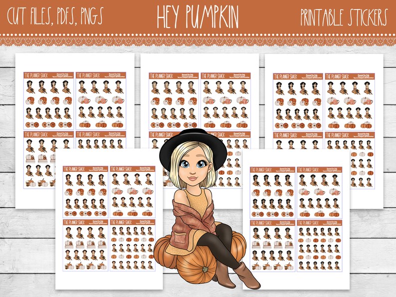 May include: Printable planner stickers featuring a cartoon girl wearing a brown hat and a brown jacket sitting on a pumpkin. The stickers are in a variety of fall-themed designs, including pumpkins, coffee cups, and leaves. The text "Hey Pumpkin" is at the top of the image.