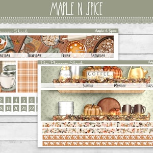 May include: A set of printable planner stickers with a fall theme. The stickers feature images of pumpkins, coffee, and a kitchen scene. The text "Maple N Spice" appears at the top of the image. The stickers are designed for use in a planner or journal.