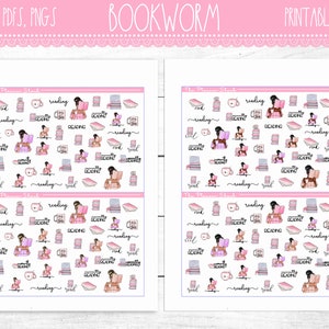 Puede incluir: Hojas de pegatinas imprimibles en rosa y blanco. Las pegatinas presentan ilustraciones de libros, tazas y una persona leyendo, junto con las palabras "reading" y "bookworm". El texto "CUT FILES, PDFs, PNGs" y "PRINTABLE STICKERS" también está presente.