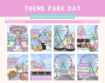 Printable Theme Park Day Weekly | Erin Condren | Vertical Weekly | Theme Parks | Carnival Weekly | Printable Planner Stickers |  Summer