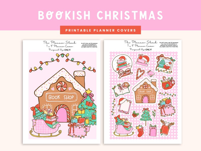 Pink Bookish Christmas Covers | Erin Condren | 7x9 Planner | Planner Covers | Happy Planner | Printable Planner Covers | Christmas | Digital image 2