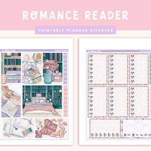 May include: Printable planner stickers with a romantic theme. The stickers feature illustrations of books, a cozy bedroom, and a cup of tea. The stickers are designed to be used in a planner or journal.