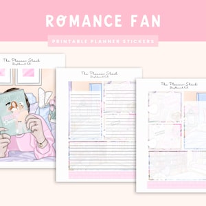 Op de afbeelding: Printbare planner stickers met een roze en witte kleurschema. De stickers bevatten een vrouw die in bed een boek leest, een bloemenontwerp en een lege ruimte om te schrijven. De tekst "The Planner Shack" en "Boyfriend Set" is zichtbaar op de stickers.