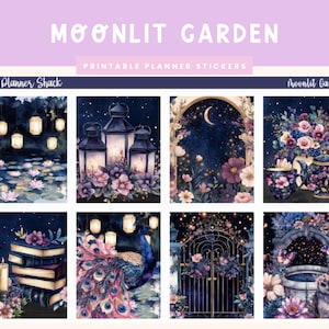 May include: Printable planner stickers with a moonlit garden theme. The stickers feature illustrations of lanterns, flowers, a peacock, a gate, a well, and a teapot with cups. The stickers are designed in a dark blue and purple color scheme with gold accents.