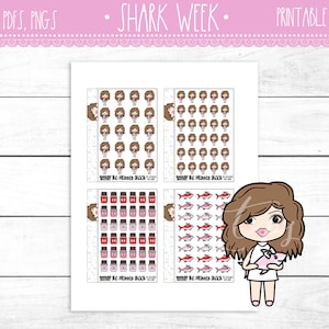 Handgezeichnete Hai Woche Gigi Girls | Periode Tracker | Exklusiv | Druckbare Planner Sticker | PlanerPrintables | Doodle Mädchen | Mikronotizen