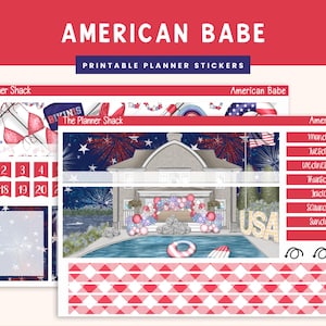 Planner mensile American Babe stampabile / Planner felice / 4 luglio / Luglio mensile / Adesivi per planner stampabili / Vista mensile / Estate