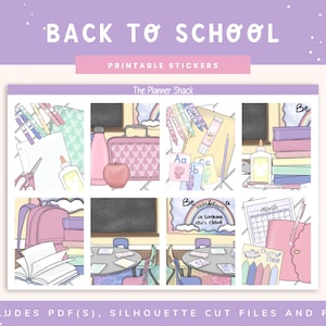 May include: A sheet of printable stickers titled BACK TO SCHOOL featuring illustrations of school supplies including a pink backpack, books, a chalkboard, a rainbow, a calendar, glue, scissors, and pens in a pastel color palette with pink and purple tones.