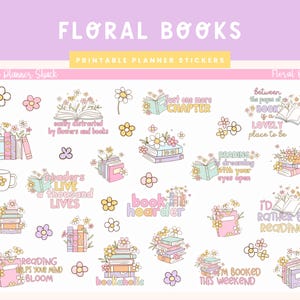 Afdrukbare stickers met bloemenboeken | Boekenliefhebber | Bloemen | Lente | Leesherinnering | Afdrukbare plannerstickers | Boektrackers | Schattige boeken